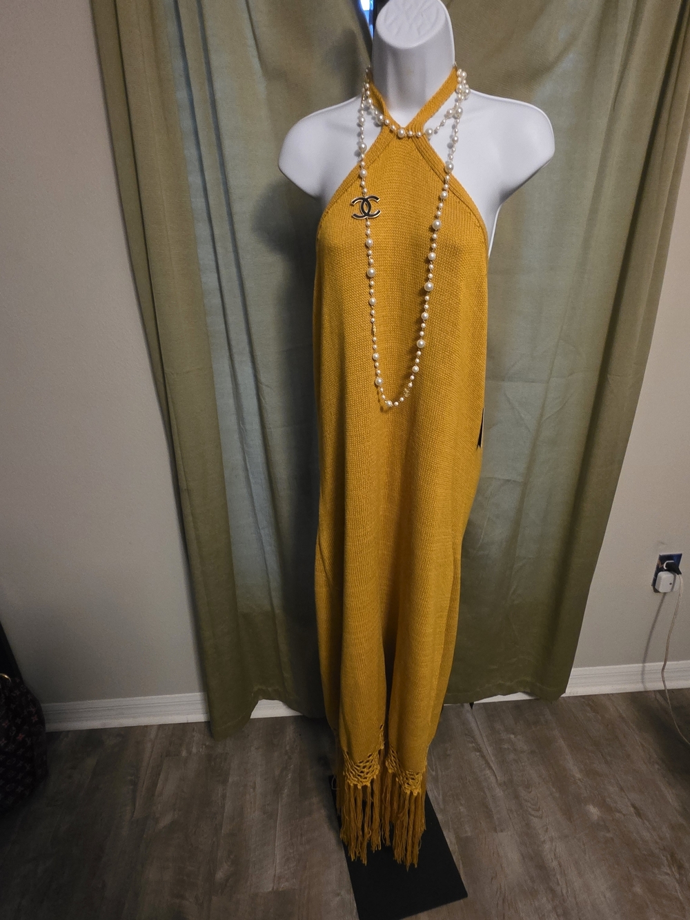 Mustard Halter Knit Dress with Fringe
